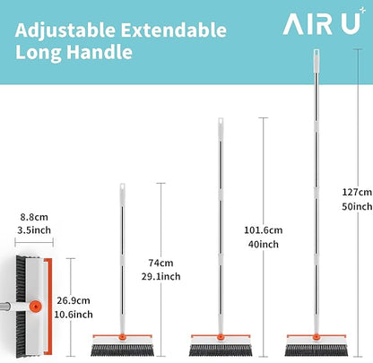 AIR U+ Floor Scrub Brush with Long Handle, 3 in 1 Scrape and Heavy-Duty Stiff Bristle Scrubber Brush for Cleaning Shower Bathroom, Patio, Pool, Garage, Kitchen, Wall and Deck, White and Orange