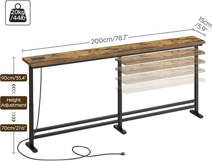 78.7" Console Table with Adjustable Height (27.6"-35.4") and Power Outlet, Skinny Behind Couch Table, Narrow Long Sofa Table for Living Room, Hallway, Entryway, Rustic Brown and Black CT09UBR