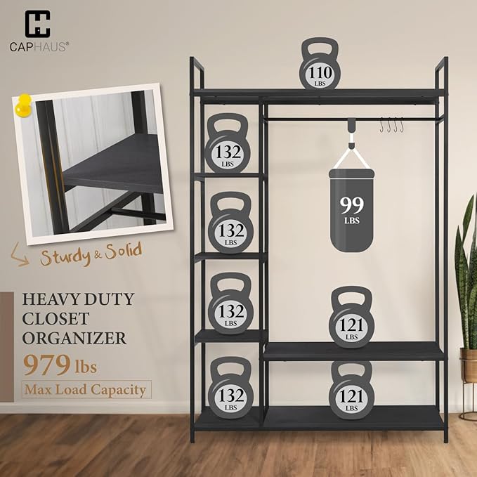 CAPHAUS 979lbs Capacity Heavy Duty Clothing Rack 48" W Metal Garment Rack with Drawers Hanging Rods and Wood Shelves Freestanding Closet Organizer, Black Board