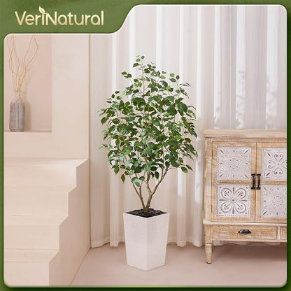 5ft Tall Artificial Ficus Tree in White Planter with Pebbles | UV Resistant Faux Tree for Indoor & Outdoor | Realistic Floor Plant Decor for Home, Office (VN128)