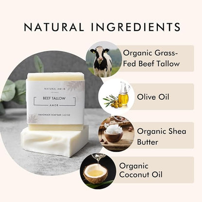 Natural Amor Beef Tallow Soap Bar 3 Pack, Handmade with Organic Grass-Fed Beef Tallow, Shea Butter, Coconut Oil, Natural Soap for Dry or Sensitive Skin Fragrance-Free