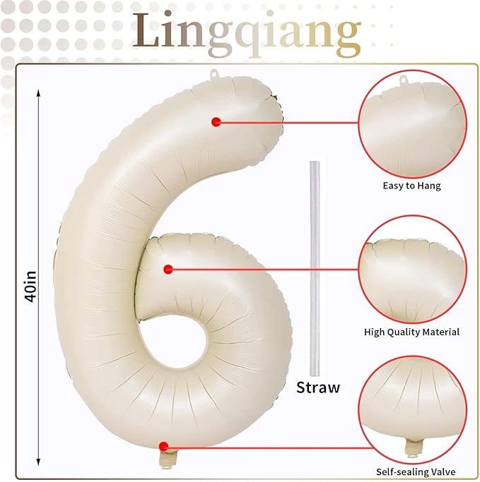 Cream Number Balloons, 40inch Large Beige Number 6 Foil Mylar Helium Balloons for Girls Women, Ivory White Self Inflating Number Balloons 0-9 for Men Boys Birthday Party Celebration Decoration