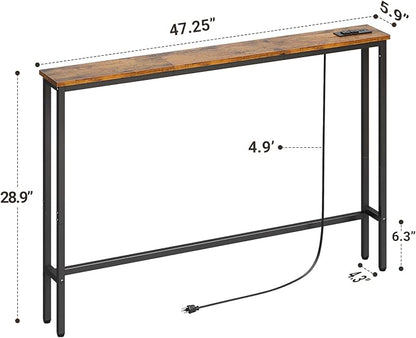 ELYKEN 47.2" Narrow Console Sofa Table with Power Outlet, 5.9'' Behind Couch Table with Charging Station, Long Entryway Tables for Living Room, Hallway, Rustic Brown