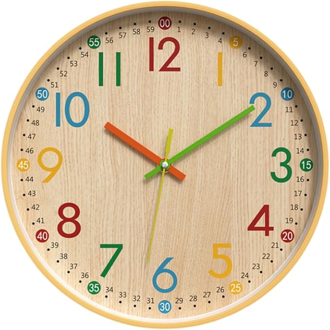 MO-N Silent 12-Inch Wall Clock, Non-Ticking Battery Operated Colorful Clock for Classroom, Bedroom, School, Analog Wall Clock for Time Teaching. (A Type)