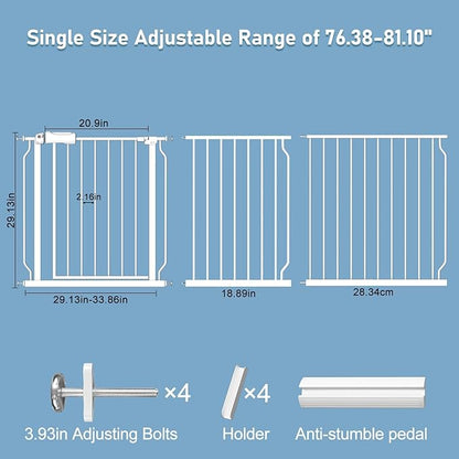 ALLAIBB Extra Wide Pressure Mount Baby Gate Auto Close White Metal Child Dog Pet Safety Gates with Walk Through for Stairs,Doorways,Kitchen and Living Room (76.38-81.10"/194-206cm)