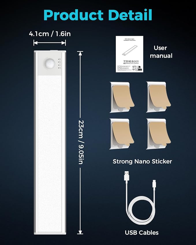 libtit 6Pack LED Under Cabinet Lighting USB Rechargeable, Motion Sensor Light Indoor Battery Operated, Wireless Magnetic Closets Lights for Wardrobe Stair Kitchen Pantry-23cm