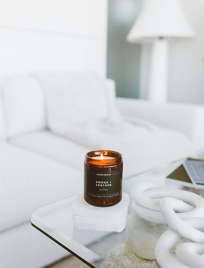 Calyan Wax Co. Smoke & Leather Scented Candle - 57 Hour Burn - Luxury Non Toxic Soy Wax Candles - Long Lasting Amber Glass Jar Candle for Home - 7.2oz