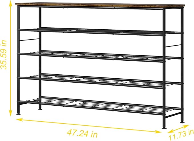 Shoe Rack 5 Tier Shoe Storage Organizer Metal Mesh Shelves with MDF Top Board for Entryway, Hallway, Closet,Bedroom，Living Room (Black+Rustic Brown, Large 5 Tier)