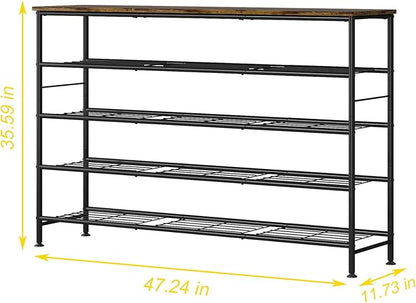 Shoe Rack 5 Tier Shoe Storage Organizer Metal Mesh Shelves with MDF Top Board for Entryway, Hallway, Closet,Bedroom，Living Room (Black+Rustic Brown, Large 5 Tier)