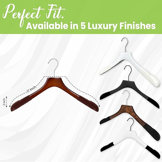 Premium Luxe Wood Coat Hangers, Wide Shoulder Wooden Jacket Hangers with Velvet Grip, Heavy Duty Luxury Hangers for Coats & Blazers, High Gloss Brown with Brown Velvet, 30 Pack