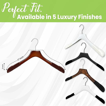 Premium Luxe Wood Coat Hangers, Wide Shoulder Wooden Jacket Hangers with Velvet Grip, Heavy Duty Luxury Hangers for Coats & Blazers, High Gloss Brown with Brown Velvet, 12 Pack