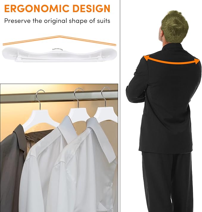 DEDU Suit Hangers for Men 40 Pack, White Coat Hangers Extra Wide Non Slip Width 17.7", Thick Plastic with Pants Bar & Metal Hook