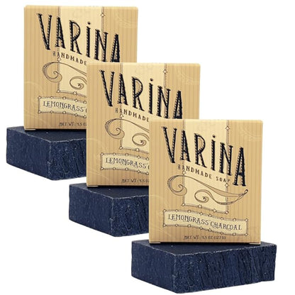 Varina Organic Lemongrass Soap - Charcoal Bar - Gentle Cleansing for Sensitive Skin Citrus Herbal - 3 Pack - Natural Soap