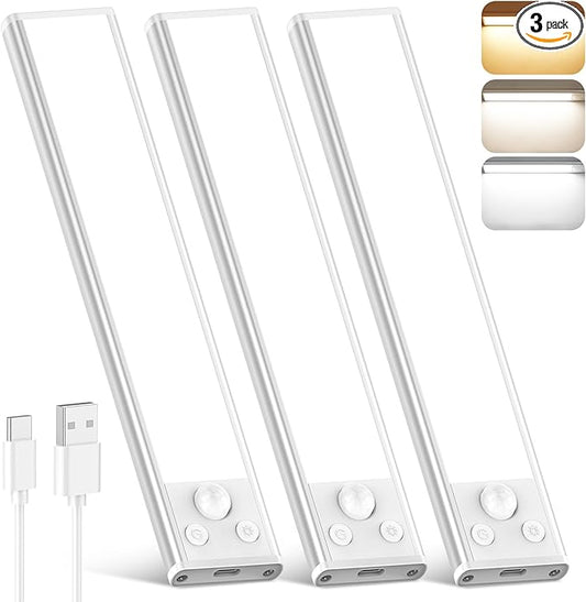 10 Inch Under Cabinet Lights, 2200mAh Rechargeable Battery Operated Motion Sensor Lights Indoor, Wireless Dimmable Closet Lights, 3 Color Under Counter Magnetic Night Lights for Kitchen, Stair, 3-Pack