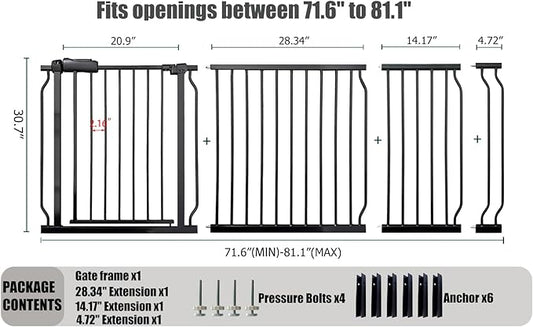 Heavy Duty Baby & Pet Safety Gate - Extra Wide 76.4-81.1 Inch, Black Metal, Pressure Mounted, Walk-Through