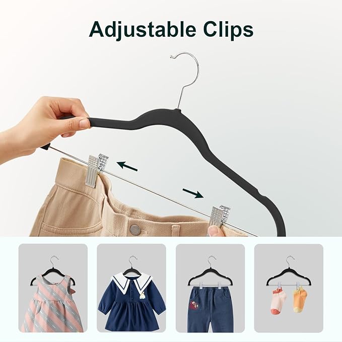 Baby Clothes Hangers with Clips, 14 Packs Kids Velvet Clothes Hangers, Heavy-Duty Childrens Hangers, Storage Organizer Clothing Hangers for Shirts, Pants, Skirts, Dresses, Jackets, Coat Black
