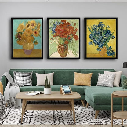 Black Framed Sunflowers- Irises Flower Vase Vincent Van Gogh Art Reproduction, Giclee Canvas Prints Wall Art for Home Decor 12"x16"