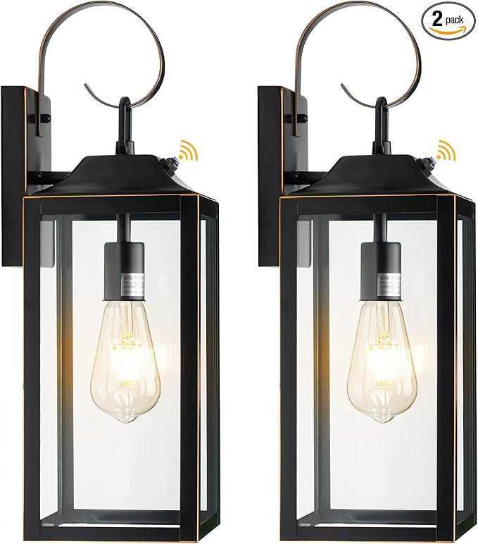 19" Dusk to Dawn Outdoor Lighting 2 Pack, Large Dusk to Dawn Outdoor Wall Lights, Black Sensor Porch Lights Outdoor Exterior Lighting Fixtures Wall Mount for House Garage -with Gold Trim