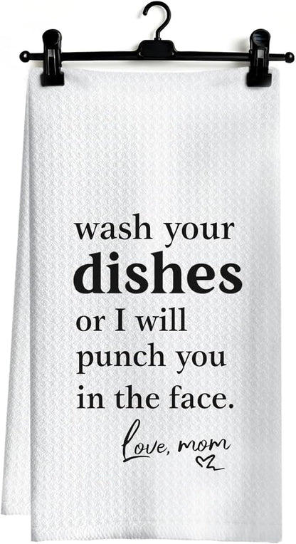 Funny Kitchen Dish Towels, Funny Gifts for Mom, Wash Your Dishes or I Will Punch You in The Face Decorative Hand Tea Towels for Kitchen Dining Room, 16x24 Inch