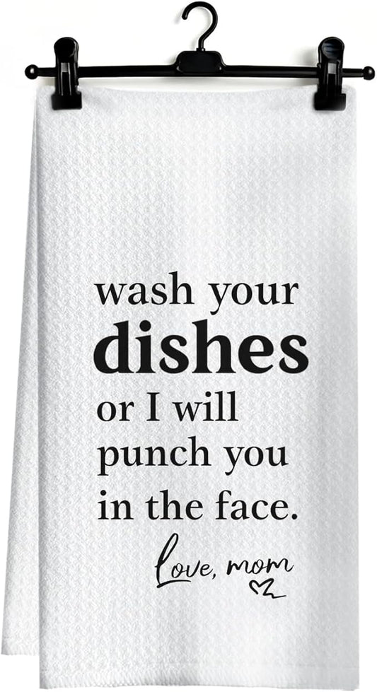 Funny Kitchen Dish Towels, Funny Gifts for Mom, Wash Your Dishes or I Will Punch You in The Face Decorative Hand Tea Towels for Kitchen Dining Room, 16x24 Inch