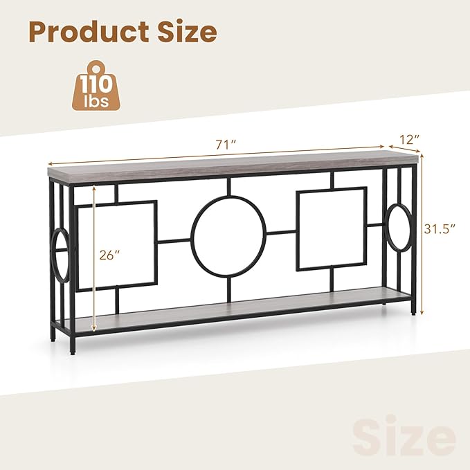 GOFLAME 71” Extra Long Console Table, 2-Tier Faux Wood Entryway Table with Storage Shelf, Geometric Metal Frame, Industrial Accent Table, Narrow Sofa Table for Living Room, Hallway