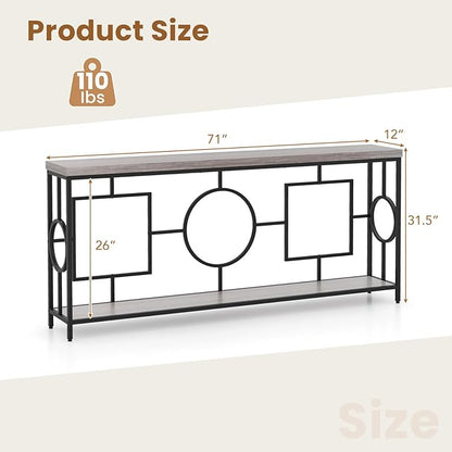 GOFLAME 71” Extra Long Console Table, 2-Tier Faux Wood Entryway Table with Storage Shelf, Geometric Metal Frame, Industrial Accent Table, Narrow Sofa Table for Living Room, Hallway