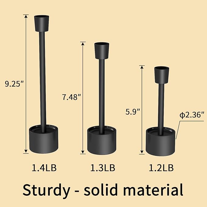 YUMORE Small Candle Holders - Pillar Candle Solid Stainless Steel Stands for Halloween, Wedding Centerpieces, Dining Table, Mantel Decor, Modern Farmhouse, Matte Black 3-Packs