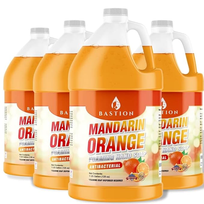 Bastion Foaming Antibacterial Hand Soap: Mandarin Orange Scented Refill 4 Gallons (512 oz) Bulk Hand Wash