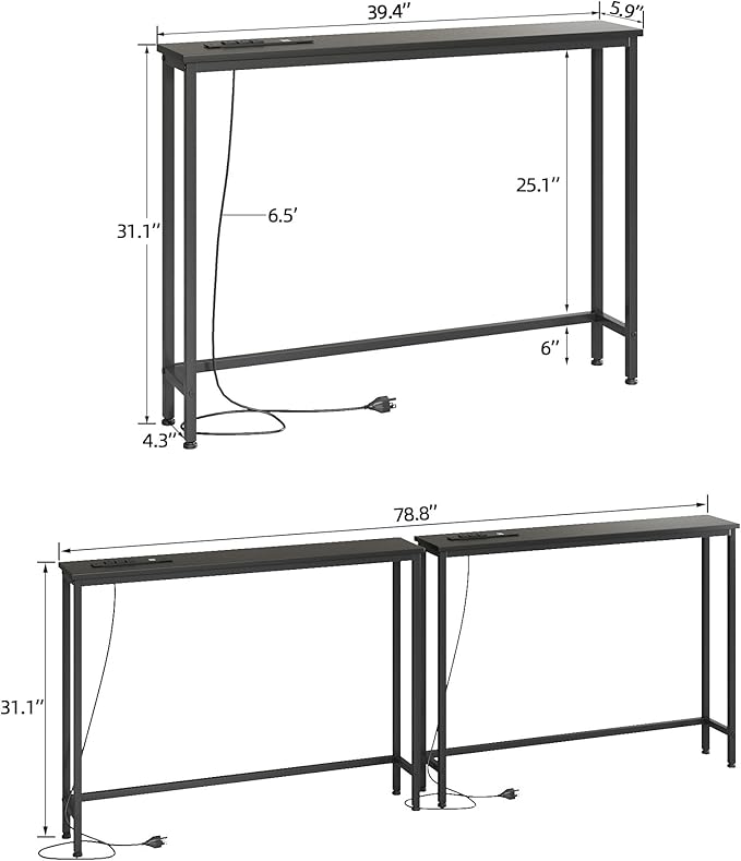 VERMESS 2 Pack Sofa Table with Power Outlets for Entryway, 39 inch Long Behind Couch Table with Metal Frame and 6.5’ Extension Cord for Hallway, Foyer, Living Room, Black