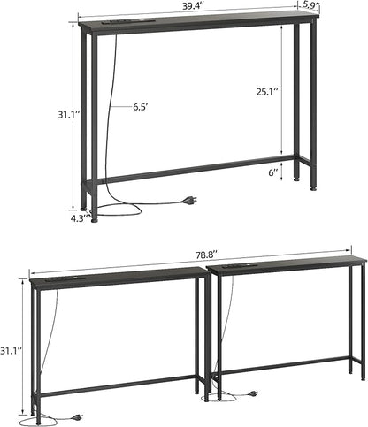 VERMESS 2 Pack Sofa Table with Power Outlets for Entryway, 39 inch Long Behind Couch Table with Metal Frame and 6.5’ Extension Cord for Hallway, Foyer, Living Room, Black