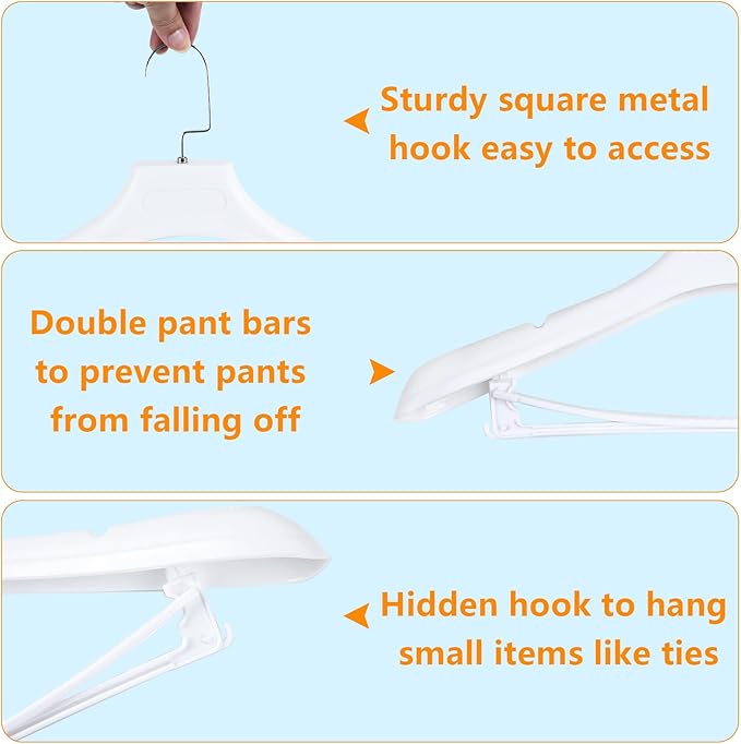 DEDU Suit Hangers for Men 6 Pack, White Coat Hangers Extra Wide Non Slip Width 17.7", Thick Plastic with Pants Bar & Metal Hook