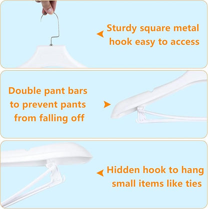 DEDU Suit Hangers for Men 6 Pack, White Coat Hangers Extra Wide Non Slip Width 17.7", Thick Plastic with Pants Bar & Metal Hook