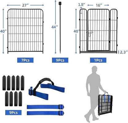 ADAVIN Tall Garden Fence with Gate, 40 in(H) 8 Panels Animal Barrier Fence, Heavy Duty Iron Metal Fence and Border, Indoor or Outdoor Dog Playpen, Flower Bed Fencing, Total 17.7 FT(L),Black