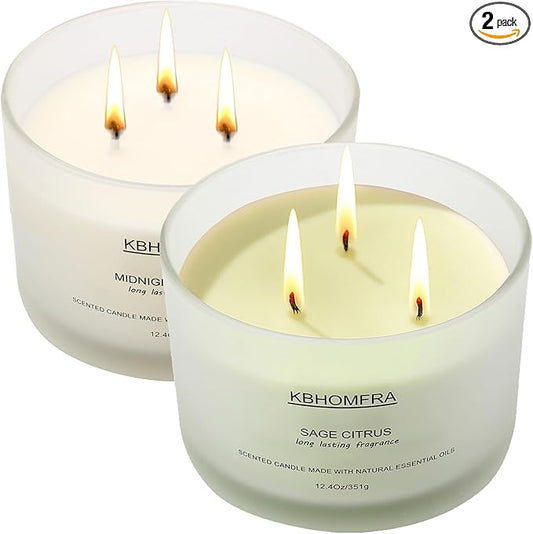 Scented Soy Wax Candle, 12.4 Oz Glass Jar, 70+ Hours Burn Time, Natural Essential Oils, Cotton Wick, Long Lasting Fragrance, Modern Contemporary Style (Jasmine+Sage Citrus 2pack)