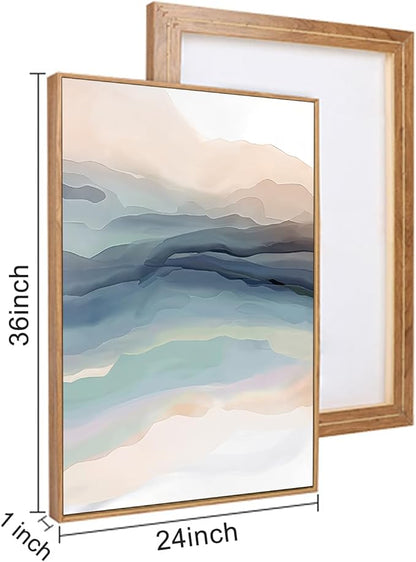 HLNIUC Blue Abstract Wall Art, Watercolor Line 24"x36" Framed Art Set of 3, Modern Wave Canvas Wall Decor, Natural Landscape Paint Stroke Prints for Living Room, Bedroom, Office
