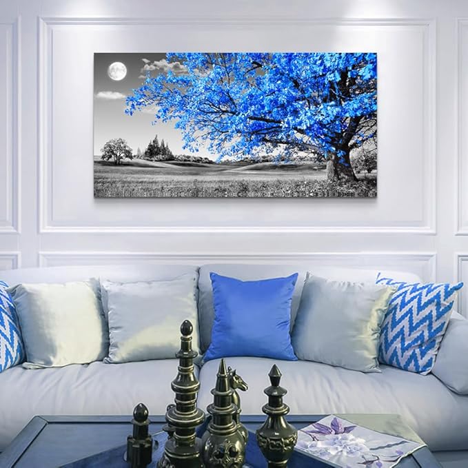 Wapluam Large Canvas Wall Art For Living Room & Bedroom - Black & White Wall Paintings - Blue Tree Scenery - 24" X 48