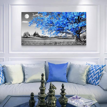 Wapluam Large Canvas Wall Art For Living Room Modern Wall Decor For Bedroom Black And White Wall Paintings Blue Tree Scenery Wall Pictures Prints Artwork Office Decor Aesthetic Home Decor 30" X 60"