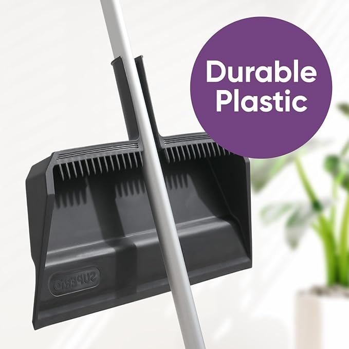 Superio 4-Pack Wide Plastic Dustpan with Comb - 16" Wide, Rubber Lip, Broom Handle Clip, Grey
