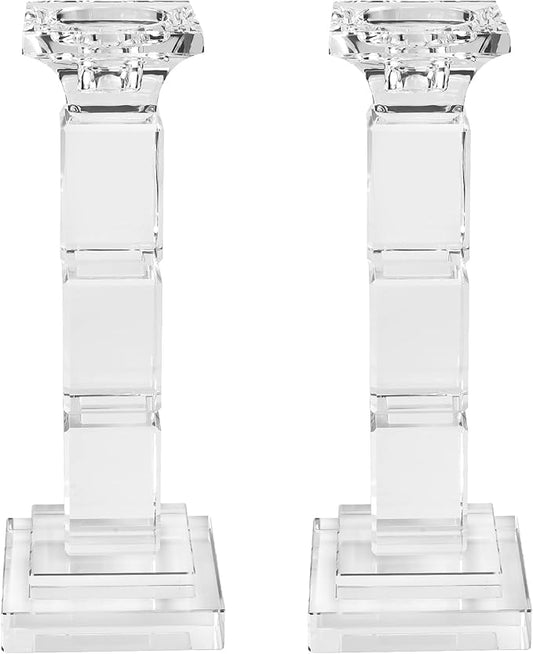Kitcom Crystal Candle Stick Holders for Home Decor Pack of 2, Clear Crystal Taper/Tealight Candle Holder Table Centerpieces for Party and Wedding Decoration(8.6inch Tall)