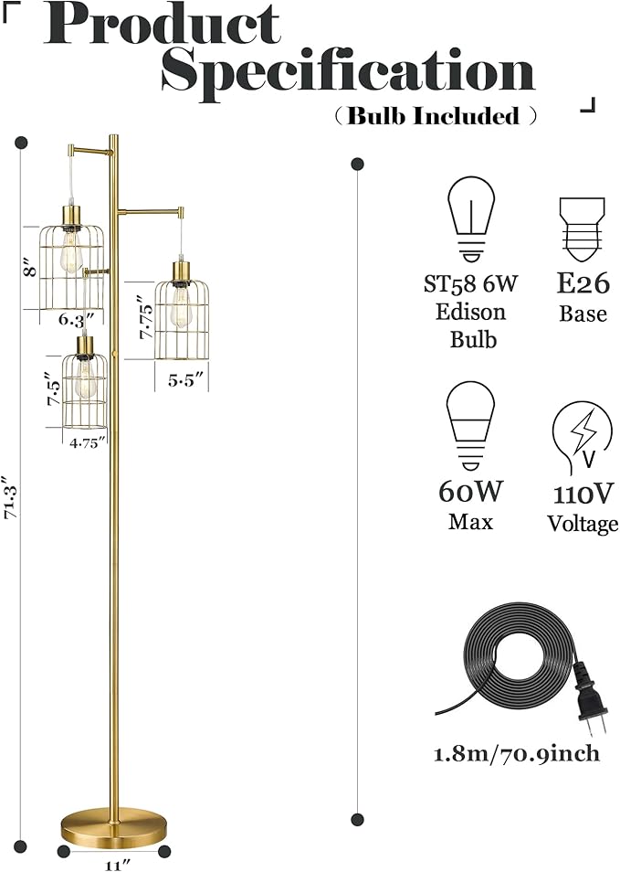 ELYONA Modern Dimmable Floor Lamp for Living Room, Gold Tree Standing Light with 3 Metal Cage Shades, Industrial 71” Tall Pole Floor Lamps for Bedroom Reading, Office, LED Edison Bulbs Included
