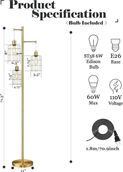 ELYONA Modern Dimmable Floor Lamp for Living Room, Gold Tree Standing Light with 3 Metal Cage Shades, Industrial 71” Tall Pole Floor Lamps for Bedroom Reading, Office, LED Edison Bulbs Included