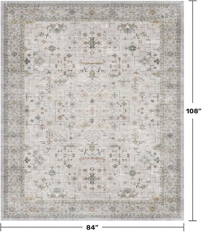 Boho Light Grey Living Room Rug 7x9 - Modern Eclectic Floral Paste Neutral Taupe, Washable Low Pile Non-Slip Large Area Rugs for Dining Under Table, Bedroom Under Bed