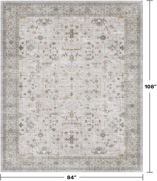 Boho Light Grey Living Room Rug 7x9 - Modern Eclectic Floral Paste Neutral Taupe, Washable Low Pile Non-Slip Large Area Rugs for Dining Under Table, Bedroom Under Bed