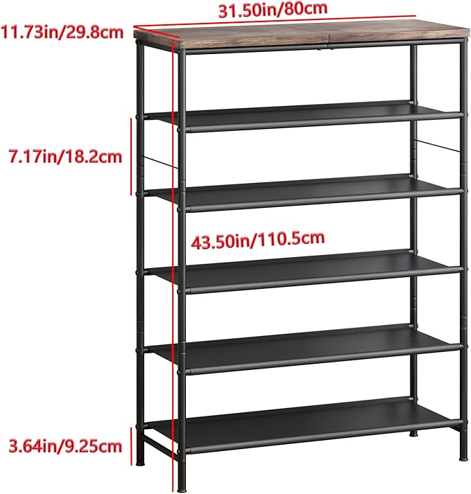 Shoe Rack Organizer 5 Tier Metal Organizer Shelf with Industrial MDF Board and Layer Fabric for Entryway Closet Bedroom Living Room Garage,Black & Rustic Brown (Black+Rustic Brown, 6 Tier)