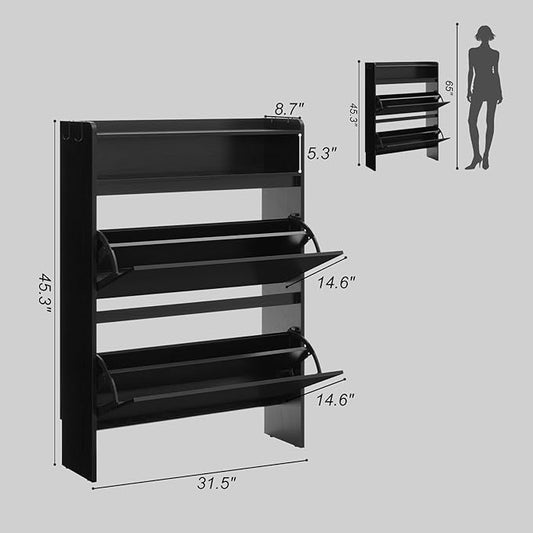 Shoe Cabinet Organizer with 2 Flip Drawers，Freestanding Shoe Rack Cabinet, Shoe Cabinet Storage for entryway, Foyer, Hallway, Black, 31.5" W