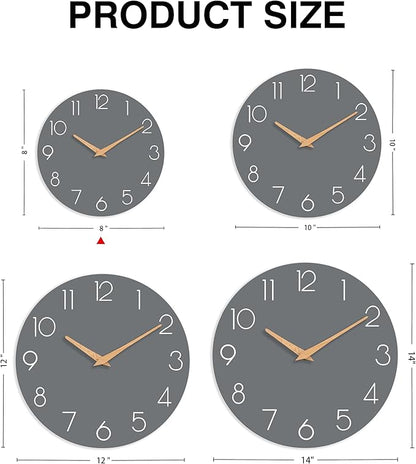 Wall Clock, Gray Silent Non-Ticking, Decorative Battery Operated Wall Clocks for Bedroom, Kitchen, Home, Office, School, Hotel (8 Inch)