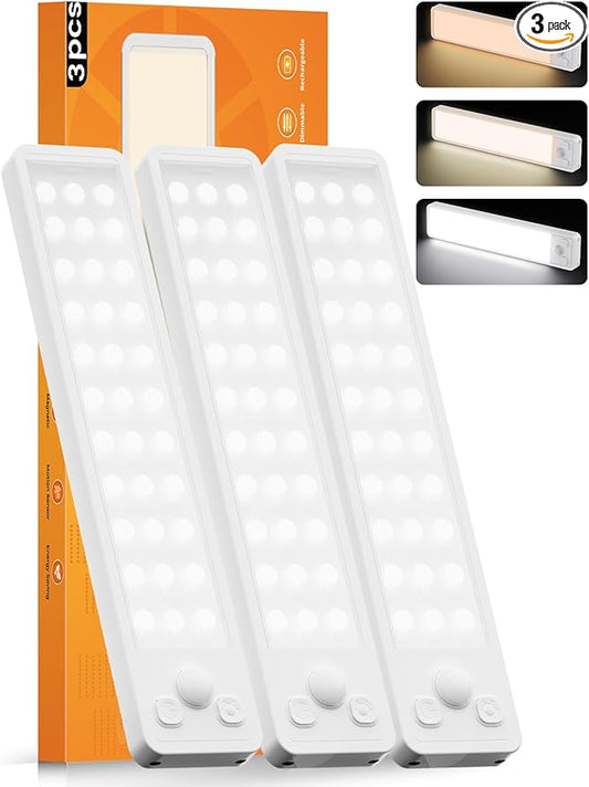 Under Cabinet Rechargeable Dimmable Lighting: 3 Color Temperature Motion Sensor Lights Indoor - Battery Operated Lights - Activated Closet Magnetic Wireless Led Light for Kitchen Home Bathroom 3 Pack