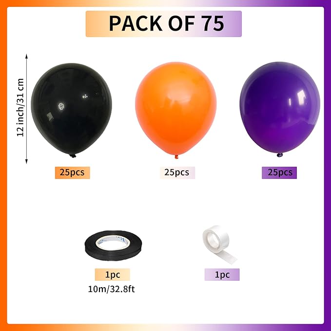 Orange Black Purple Balloons Pack of 75, 12 Inch Halloween Color Party Balloons Matte Black Orange Dark Purple Helium Latex Balloons with Ribbon for Kids Birthday Baby Shower Scary Party Decorations