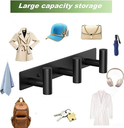 Coat Rack Wall Mounted-3 Hooks,Heavy Duty Stainless Steel Wall Hooks for Towel Coat Bag, Hat Rack Coat Hanger Coat Hooks Towel Racks for Bathroom Entryway Kitchen Hotel Office (Black, 2 Packs)