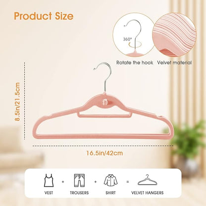 Velvet Clothing Hangers Slim Stackable Non-Slip Pink Suit Hanger Space Saving Clothes Hanger Heavy Duty Adult Hangers with 360°Swivel Hook Pack of 20